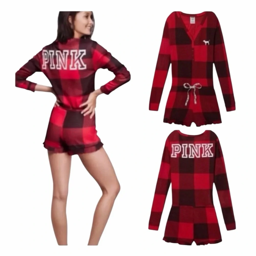 Victoria’s Secret PINK Buffalo Plaid Thermal Sleepwear Romper. Size Medium. - Picture 1 of 11